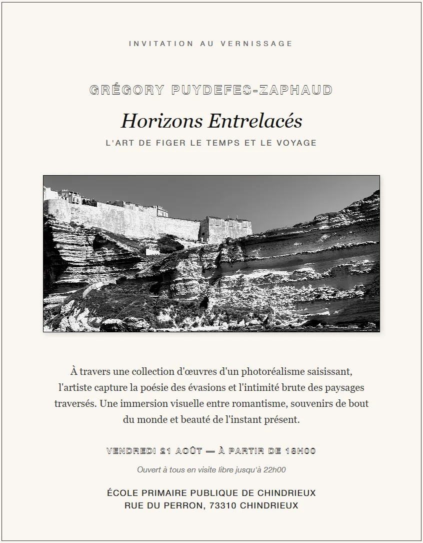 Carton d’invitation au vernissage « Horizons Entrelacés » de Grégory Puydefes-Zaphaud